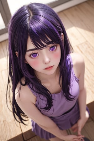 masterpiece, best quality, Hoshino Ai, (purple eyes:1.1), (purple hair:1.2), Hoshino Ai, long hair, dance, from above, looking at viewer, blush, indoors, hoshino ai,1girl
