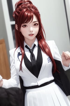 kaede kazama, long hair, bangs, (red eyes:1.3), ponytail, braid, sidelocks, red hair, smile, huge breasts, (joy:1.3)
BREAK (white skirt:1.3), long sleeves, school uniform, necktie, collared shirt, uniform, (black shirt:1.5), (white suit:1.5), blue necktie, (blue tie:1.2)
BREAK indoors, classroom,
BREAK looking at viewer, (cowboy shot:1.5), close-up
BREAK (masterpiece:1.2), best quality, high resolution, unity 8k wallpaper, (illustration:0.8), (beautiful detailed eyes:1.6), extremely detailed face, perfect lighting