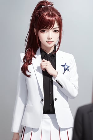 kaede kazama, long hair, bangs, (red eyes:1.3), ponytail, braid, sidelocks, red hair, smile, huge breasts, (joy:1.3)
BREAK (white skirt:1.3), long sleeves, school uniform, necktie, collared shirt, uniform, (black shirt:1.5), (white suit:1.5), blue necktie, (blue tie:1.2)
BREAK indoors, classroom,
BREAK looking at viewer, (cowboy shot:1.5),
BREAK (masterpiece:1.2), best quality, high resolution, unity 8k wallpaper, (illustration:0.8), (beautiful detailed eyes:1.6), extremely detailed face, perfect lighting