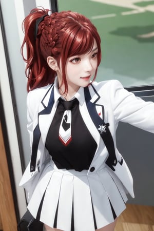 kaede kazama, long hair, bangs, (red eyes:1.3), ponytail, braid, sidelocks, red hair, smile, huge breasts, (joy:1.3)
BREAK (white skirt:1.3), long sleeves, school uniform, necktie, collared shirt, uniform, (black shirt:1.4), (white suit:1.4), blue necktie, (blue tie:1.2)
BREAK indoors, classroom,
BREAK looking at viewer, (cowboy shot:1.3), close-up
BREAK (masterpiece:1.2), best quality, high resolution, unity 8k wallpaper, (illustration:0.8), (beautiful detailed eyes:1.4), extremely detailed face, perfect lighting