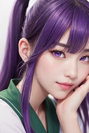 masterpiece, best quality, Busujima Saeko, high definition, solo, (purple eyes:1.3), (purple hair:1.1), (Simply Straight Pony Hair:1.2), (elegant, feminine, sophisticated), (beautiful girl), gorgeous face, gorgeous eyes, detailed face, detailed hands, smile, photorealistic, (asian face:1.2), (school uniform sailor suit, white-green shirt, green knee-length skirt)