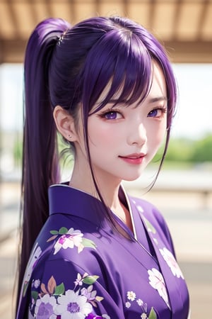 masterpiece, best quality, Busujima Saeko, high definition, solo, (purple eyes:1.3), (purple hair:1.1), (Simply Straight Pony Hair:1.2), (elegant, feminine, sophisticated), (beautiful girl), gorgeous face, gorgeous eyes, detailed face, detailed hands, smile, photorealistic, (asian face:1.2), (hime kimono1.2), (formal kimono:1.2), (tailored kimono and yukata)