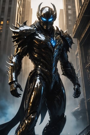 A futuristic super hero stands tall, full-body portrait in polished chrome armor with intricate gold and burgundy accents. Glowing blue eyes pierce through the darkness, illuminating a cityscape at dusk. Craig Mullins and H.R. Giger's character design brings forth a sense of otherworldly strength. Realistic digital painting captures every detail, from the armored suit to the subject's determined pose. Cinematic lighting highlights the hero's figure against a misty blue-gray sky, as if suspended in mid-air. A 4K resolution masterpiece, this portrait embodies the essence of futuristic super heroism, boiling black light-absorbing material