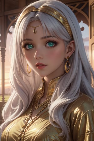  4K UHD, upscaled professional photo, stunningly beautiful woman, A (best quality,4k,8k,highres,masterpiece:1.2),ultra-detailed,highly detailed facial features,extremely detailed eyes and face, longeyelashes, beautiful detailed eyes,beautiful detailed lips,1girl,fantasy,cute,whimsical,soft lighting,pastel colors,warm color palette
 solo_female, ear_rings, tall_girl, tall_female, big_breasts, much gold, ayse_khadim, long arabian clothes, green eyes, circlet, park, sunset, standing, nature , masterpiece, best quality, white hair