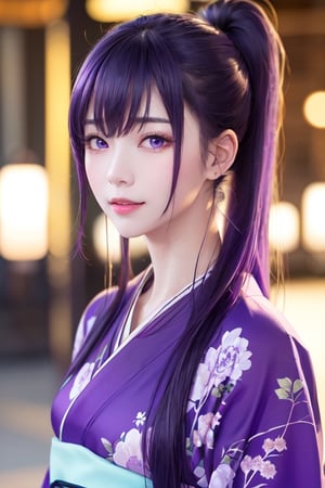 masterpiece, best quality, Busujima Saeko, high definition, solo, (purple eyes:1.3), (purple hair:1.1), (Simply Straight Pony Hair:1.2), (elegant, feminine, sophisticated), (beautiful girl), gorgeous face, gorgeous eyes, detailed face, detailed hands, smile, photorealistic, (asian face:1.2), (hime kimono1.2), (formal kimono:1.2), (tailored kimono and yukata)