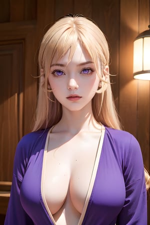 Nakiri Erina, tall body, tall, long legs, mature female, mature, adult, solo, long hair, breasts, looking at viewer, big breasts, upper body, hair between eyes, blond hair, buttons, (masterpiece:1.2), Best quality, a high resolution, unity 8k wallpaper, illustration, (Beautiful detailed purple eyes:1.3), shows a radiant smile, fascinating lighting game, Chinese Hanfu 