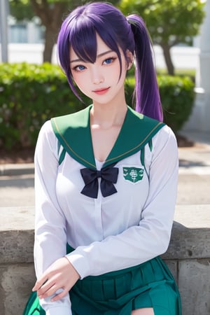 masterpiece, best quality, Busujima Saeko, high definition, solo, (blue eyes:1.3), (purple hair:1.1), (Simply Straight Pony Hair:1.2), (elegant, feminine, sophisticated), (beautiful girl), gorgeous face, gorgeous eyes, detailed face, detailed hands, smile, photorealistic, (asian face:1.2), (school uniform sailor suit, white-green shirt), ((green knee-length skirt))