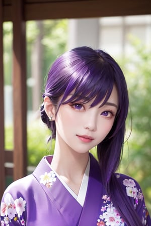 masterpiece, best quality, Busujima Saeko, high definition, solo, (purple eyes:1.3), (purple hair:1.1), (Simply Straight Pony Hair:1.2), (elegant, feminine, sophisticated), (beautiful girl), gorgeous face, gorgeous eyes, detailed face, detailed hands, smile, photorealistic, (asian face:1.2), (hime kimono1.2), (formal kimono:1.2), (tailored kimono and yukata)