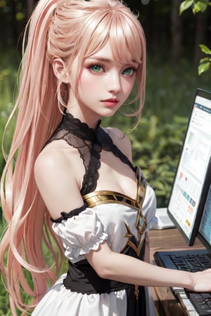 Lexia Von Alceria, Lexia Vaughn Arcelia, Lexia Arcelia, long hair, Blonde hair, (green eyes:1.5), ponytail, Pink hair, BREAK noble atmosphere, Aristocratic dress, dress, bare shoulders, cut off sleeves, White dress, BREAK looking at viewer, Whole body, BREAK outdoors, the forest, nature, BREAK (masterpiece:1.2), Best quality, a high resolution, unity 8k wallpaper, (illustration:0.8), (Beautiful detailed eyes:1.6), very detailed face, perfect lighting, extremely detailed computer graphics, (perfect hands, Ideal Anatomy),Nice legs and hot body
