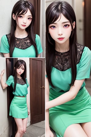 masterpiece, best quality, high definition, 
Kaori Houjou, solo, (purple eyes:1.1), (black hair:1.2), long hair, (green blouse, green knee-length skirt), (elegant, feminine, sophisticated), (cute girl), gorgeous face, gorgeous eyes, detailed face, detailed hands, smile, photorealistic, (asian face:1.2).
the girl was pinned against the wall and surrounded by three guys, harassment, harassment
