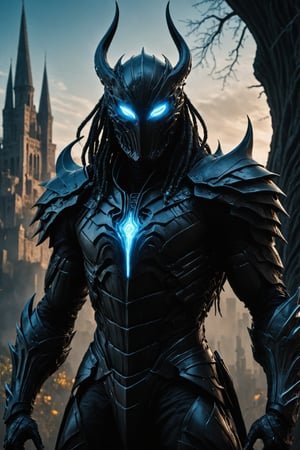 A futuristic super hero stands tall, face covered with a beautiful mask, full-body portrait in polished tree armor with intricate and black accents. Glowing blue eyes pierce through the darkness, illuminating a cityscape at dusk. Craig Mullins and H.R. Giger's character design brings forth a sense of otherworldly strength. Realistic digital painting captures every detail, from the armored suit to the subject's determined pose. Cinematic lighting highlights the hero's figure against a misty blue-gray sky against the backdrop of the fortress wall is a medieval city, as if suspended in mid-air. A 4K resolution masterpiece, this portrait embodies the essence of futuristic super heroism, (boiling black wood material),rmspdvrs