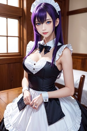 masterpiece, best quality, Busujima Saeko, high definition, solo, (blue eyes:1.3), (black-purple hair:1.1), (Simply Straight Pony Hair:1.2), (elegant, feminine, sophisticated), (beautiful girl), gorgeous face, gorgeous eyes, detailed face, detailed hands, smile, photorealistic, (asian face:1.2), 
Maid_costume, maid_dress, maid_headband