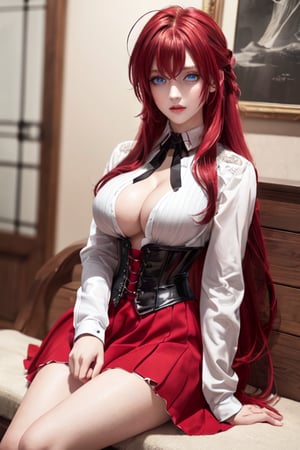 girl, long hair, (blue eyes:1.2), (voluminous red hair:1.2), masterpiece, beautiful detailed eyes, beautiful detailed lips, large breasts, rias gremory, red skirt, white shirt, black corset, (beautiful detailed long red hair:1.2), smile,Nice legs and hot body