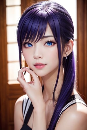 masterpiece, best quality, Busujima Saeko, high definition, solo, (blue eyes:1.3), (black-purple hair:1.1), (Simply Straight Pony Hair:1.2), (elegant, feminine, sophisticated), (beautiful girl), gorgeous face, gorgeous eyes, detailed face, detailed hands, smile, photorealistic, (asian face:1.2)