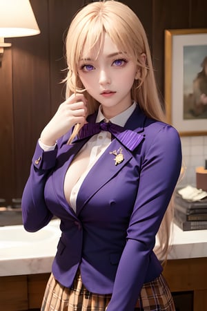 Nakiri Erina, tall body, tall, long legs, mature female, mature, adult, solo, long hair, breasts, looking at viewer, big breasts, upper body, hair between eyes, blond hair, buttons, (masterpiece:1.2), Best quality, a high resolution, unity 8k wallpaper, illustration, (Beautiful detailed purple eyes:1.3), shows a radiant smile, fascinating lighting game, red bow, striped bow,blazer, blue jacket, long sleeves,plaid skirt, brown skirt,black thighhighs