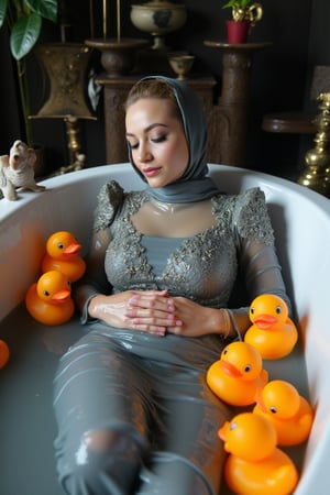 (Wet clothes,  wet hijab,  wet skin:1.2), A photo of a stunning soaking wet Korean woman with her eyes closed, lying in a luxurious bathtub filled with water and quirky orange rubber ducky toys up to her shoulders. She is floating in the bathtub. The background is adorned with elegant, dark, fantasy-inspired decorative objects, adding a touch of mysticism to the scene. The soft, diffused lighting highlights her facial features and the overall enchanting atmosphere of the photo. is wearing a wet noble long grey embroidery bridal traditional saree wit wet veil and a wet long sleeve puffed blouse. She also wears an wet embroidery shawl. Her eyes are celestial blue. The image has a soft and clean focus with natural light. The dress looks clingy, wrinkled, or limp, and glossy, with fabric adhering closely to the skin due to the weight of the water. The water changes its reflectivity. The lighting is soft. Less, ysri,Wet,covered in oil,covered in mud,wam,wet clothes, oil,wetlook, oil,Fetishwet,Wetfetish