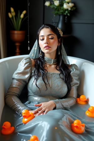 (Wet clothes,  wet hijab,  wet skin:14), A photo of a stunning soaking wet Korean woman with her eyes closed, lying in a luxurious bathtub filled with water and quirky orange rubber ducky toys up to her shoulders. She is floating in the bathtub. The background is adorned with elegant, dark, fantasy-inspired decorative objects, adding a touch of mysticism to the scene. The soft, diffused lighting highlights her facial features and the overall enchanting atmosphere of the photo. is wearing a wet noble long grey embroidery bridal traditional saree with wet veil and a wet long sleeve puffed blouse. She also wears an wet embroidery shawl. Her eyes are celestial blue. The image has a soft and clean focus with natural light. The dress looks clingy, wrinkled, or limp, and glossy, with fabric adhering closely to the skin due to the weight of the water. The water changes its reflectivity. The lighting is soft. Less, ysri,Wet,covered in oil,covered in mud,wam,wet clothes, oil,wetlook, oil,Fetishwet,Wetfetish