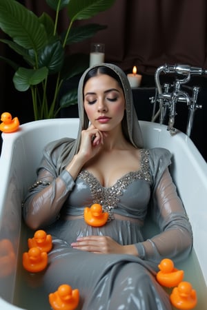 (Wet clothes,  wet hijab,  wet skin:1.2), A photo of a stunning soaking wet Korean woman with her eyes closed, lying in a luxurious bathtub filled with water and quirky orange rubber ducky toys up to her shoulders. She is floating in the bathtub. The background is adorned with elegant, dark, fantasy-inspired decorative objects, adding a touch of mysticism to the scene. The soft, diffused lighting highlights her facial features and the overall enchanting atmosphere of the photo. is wearing a wet noble long grey embroidery bridal traditional saree wit wet veil and a wet long sleeve puffed blouse. She also wears an wet embroidery shawl. Her eyes are celestial blue. The image has a soft and clean focus with natural light. The dress looks clingy, wrinkled, or limp, and glossy, with fabric adhering closely to the skin due to the weight of the water. The water changes its reflectivity. The lighting is soft. Less, ysri,Wet,covered in oil,covered in mud,wam,wet clothes, oil,wetlook, oil,Fetishwet,Wetfetish