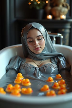 (Wet clothes,  wet hijab,  wet skin:1.2), A photo of a stunning soaking wet Korean woman with her eyes closed, lying in a luxurious bathtub filled with water and quirky orange rubber ducky toys up to her shoulders. She is floating in the bathtub. The background is adorned with elegant, dark, fantasy-inspired decorative objects, adding a touch of mysticism to the scene. The soft, diffused lighting highlights her facial features and the overall enchanting atmosphere of the photo. is wearing a wet noble long grey embroidery bridal traditional saree with wet veil and a wet long sleeve puffed blouse. She also wears an wet embroidery shawl. Her eyes are celestial blue. The image has a soft and clean focus with natural light. The dress looks clingy, wrinkled, or limp, and glossy, with fabric adhering closely to the skin due to the weight of the water. The water changes its reflectivity. The lighting is soft. Less, ysri,Wet,covered in oil,covered in mud,wam,wet clothes, oil,wetlook, oil,Fetishwet,Wetfetish