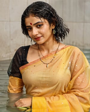 a woman in a sari with a necklace on her neck, a character portrait by Manjit Bawa, behance contest winner, bengal school of art, slight smile, happy, studio portrait, maximalist, studio photography,
, featured on instagram, samikshavad, elegant, rich color palette, 1920s

  ((wet clothes, wet hair, bathing in water, face focused, skin pores, long sleeve blouse, saree , detail face, heavy rain, black blouse )),wet hair,girl wearing indian saree,aliabhatt,SoakingWetClothes