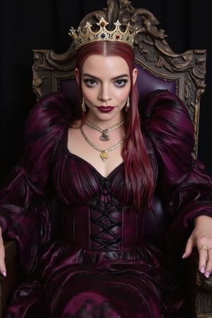 long shot, realism: soaking wet Anya Taylor-Joy, wet vivid red hair, ice blue eyes, wicked smile, as a beautiful soaking wet gothic vampire queen sits on her luxurious vampire gothic throne, wearing an elaborate vampire gothic crown and soaking wet slimy vampire gothic velvet elaborate gown,soaking wet slimy lace up corset, soaking wet slimy luxurious fabrincs, jewels, gold, elaborate earrings and necklaces, masterpiece, extremely realistic, she exudes nobility as she surveys her surroundings with an unyielding gaze.,Fetishwet,ANYAJT,Wet,covered in oil,covered in mud,wam,wet clothes,pouring oil,wetlook,pouring oil