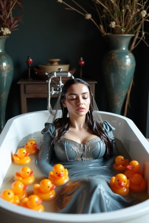 (Wet clothes,  wet hijab,  wet skin:1.2), A photo of a stunning soaking wet Korean woman with her eyes closed, lying in a luxurious bathtub filled with water and quirky orange rubber ducky toys up to her shoulders. She is floating in the bathtub. The background is adorned with elegant, dark, fantasy-inspired decorative objects, adding a touch of mysticism to the scene. The soft, diffused lighting highlights her facial features and the overall enchanting atmosphere of the photo. is wearing a wet noble long grey embroidery bridal traditional saree wit wet veil and a wet long sleeve puffed blouse. She also wears an wet embroidery shawl. Her eyes are celestial blue. The image has a soft and clean focus with natural light. The dress looks clingy, wrinkled, or limp, and glossy, with fabric adhering closely to the skin due to the weight of the water. The water changes its reflectivity. The lighting is soft. Less, ysri,Wet,covered in oil,covered in mud,wam,wet clothes,pouring oil,wetlook,pouring oil,Fetishwet,Wetfetish