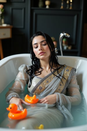 (Wet clothes,  wet hijab,  wet skin:14), A photo of a stunning soaking wet Korean woman with her eyes closed, lying in a luxurious bathtub filled with water and quirky orange rubber ducky toys up to her shoulders. She is floating in the bathtub. The background is adorned with elegant, dark, fantasy-inspired decorative objects, adding a touch of mysticism to the scene. The soft, diffused lighting highlights her facial features and the overall enchanting atmosphere of the photo. is wearing a wet noble long grey embroidery bridal traditional saree with wet veil and a wet long sleeve puffed blouse. She also wears an wet embroidery shawl. Her eyes are celestial blue. The image has a soft and clean focus with natural light. The dress looks clingy, wrinkled, or limp, and glossy, with fabric adhering closely to the skin due to the weight of the water. The water changes its reflectivity. The lighting is soft. Less, ysri,Wet,covered in oil,covered in mud,wam,wet clothes, oil,wetlook, oil,Fetishwet,Wetfetish