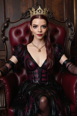 long shot, realism: soaking wet Anya Taylor-Joy, wet vivid red hair, ice blue eyes, wicked smile, as a beautiful soaking wet gothic vampire queen sits on her luxurious vampire gothic throne, wearing an elaborate vampire gothic crown and soaking wet slimy vampire gothic velvet elaborate gown,soaking wet slimy lace up corset, soaking wet slimy luxurious fabrincs, jewels, gold, elaborate earrings and necklaces, masterpiece, extremely realistic, she exudes nobility as she surveys her surroundings with an unyielding gaze.,Fetishwet,ANYAJT,Wet,covered in oil,covered in mud,wam,wet clothes,pouring oil,wetlook,pouring oil