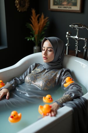 (Wet clothes,  wet hijab,  wet skin:1.2), A photo of a stunning soaking wet Korean woman with her eyes closed, lying in a luxurious bathtub filled with water and quirky orange rubber ducky toys up to her shoulders. She is floating in the bathtub. The background is adorned with elegant, dark, fantasy-inspired decorative objects, adding a touch of mysticism to the scene. The soft, diffused lighting highlights her facial features and the overall enchanting atmosphere of the photo. is wearing a wet noble long grey embroidery bridal traditional saree wit wet veil and a wet long sleeve puffed blouse. She also wears an wet embroidery shawl. Her eyes are celestial blue. The image has a soft and clean focus with natural light. The dress looks clingy, wrinkled, or limp, and glossy, with fabric adhering closely to the skin due to the weight of the water. The water changes its reflectivity. The lighting is soft. Less, ysri,Wet,covered in oil,covered in mud,wam,wet clothes, oil,wetlook, oil,Fetishwet,Wetfetish