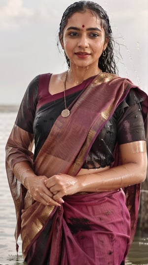 a woman in a sari with a necklace on her neck, a character portrait by Manjit Bawa, behance contest winner, bengal school of art, slight smile, happy, studio portrait, maximalist, studio photography,
, featured on instagram, samikshavad, elegant, rich color palette, 1920s

  ((wet clothes, wet hair, bathing in water, face focused, skin pores, long sleeve blouse, saree , detail face, heavy rain, black blouse )),wet hair,girl wearing indian saree,aliabhatt,SoakingWetClothes