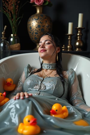 (Wet clothes,  wet hijab,  wet skin:14), A photo of a stunning soaking wet Korean woman with her eyes closed, lying in a luxurious bathtub filled with water and quirky orange rubber ducky toys up to her shoulders. She is floating in the bathtub. The background is adorned with elegant, dark, fantasy-inspired decorative objects, adding a touch of mysticism to the scene. The soft, diffused lighting highlights her facial features and the overall enchanting atmosphere of the photo. is wearing a wet noble long grey embroidery bridal traditional saree with wet veil and a wet long sleeve puffed blouse. She also wears an wet embroidery shawl. Her eyes are celestial blue. The image has a soft and clean focus with natural light. The dress looks clingy, wrinkled, or limp, and glossy, with fabric adhering closely to the skin due to the weight of the water. The water changes its reflectivity. The lighting is soft. Less, ysri,Wet,covered in oil,covered in mud,wam,wet clothes, oil,wetlook, oil,Fetishwet,Wetfetish