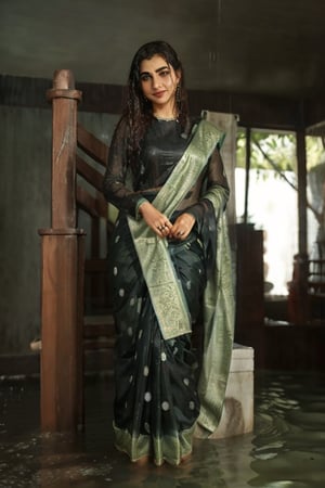 a woman in a sari with a necklace on her neck, a character portrait by Manjit Bawa, behance contest winner, bengal school of art, slight smile, happy, studio portrait, maximalist, studio photography,
, featured on instagram, samikshavad, elegant, rich color palette, 1920s

  ((wet clothes, wet hair, bathing in water, face focused, skin pores, long sleeve blouse, saree , detail face, heavy rain, black blouse )),wet hair,girl wearing indian saree,aliabhatt,SoakingWetClothes