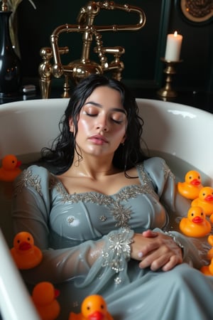 (Wet clothes,  wet hijab,  wet skin:14), A photo of a stunning soaking wet Korean woman with her eyes closed, lying in a luxurious bathtub filled with water and quirky orange rubber ducky toys up to her shoulders. She is floating in the bathtub. The background is adorned with elegant, dark, fantasy-inspired decorative objects, adding a touch of mysticism to the scene. The soft, diffused lighting highlights her facial features and the overall enchanting atmosphere of the photo. is wearing a wet noble long grey embroidery bridal traditional saree with wet veil and a wet long sleeve puffed blouse. She also wears an wet embroidery shawl. Her eyes are celestial blue. The image has a soft and clean focus with natural light. The dress looks clingy, wrinkled, or limp, and glossy, with fabric adhering closely to the skin due to the weight of the water. The water changes its reflectivity. The lighting is soft. Less, ysri,Wet,covered in oil,covered in mud,wam,wet clothes, oil,wetlook, oil,Fetishwet,Wetfetish