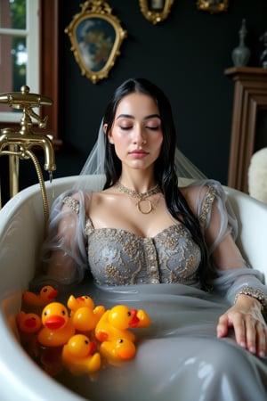 (Wet clothes,  wet hijab,  wet skin:14), A photo of a stunning soaking wet Korean woman with her eyes closed, lying in a luxurious bathtub filled with water and quirky orange rubber ducky toys up to her shoulders. She is floating in the bathtub. The background is adorned with elegant, dark, fantasy-inspired decorative objects, adding a touch of mysticism to the scene. The soft, diffused lighting highlights her facial features and the overall enchanting atmosphere of the photo. is wearing a wet noble long grey embroidery bridal traditional saree with wet veil and a wet long sleeve puffed blouse. She also wears an wet embroidery shawl. Her eyes are celestial blue. The image has a soft and clean focus with natural light. The dress looks clingy, wrinkled, or limp, and glossy, with fabric adhering closely to the skin due to the weight of the water. The water changes its reflectivity. The lighting is soft. Less, ysri,Wet,covered in oil,covered in mud,wam,wet clothes, oil,wetlook, oil,Fetishwet,Wetfetish