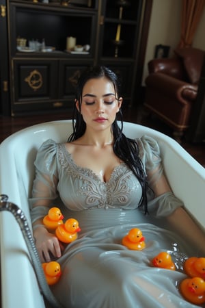 (Wet clothes,  wet hijab,  wet skin:14), A photo of a stunning soaking wet Korean woman with her eyes closed, lying in a luxurious bathtub filled with water and quirky orange rubber ducky toys up to her shoulders. She is floating in the bathtub. The background is adorned with elegant, dark, fantasy-inspired decorative objects, adding a touch of mysticism to the scene. The soft, diffused lighting highlights her facial features and the overall enchanting atmosphere of the photo. is wearing a wet noble long grey embroidery bridal traditional saree with wet veil and a wet long sleeve puffed blouse. She also wears an wet embroidery shawl. Her eyes are celestial blue. The image has a soft and clean focus with natural light. The dress looks clingy, wrinkled, or limp, and glossy, with fabric adhering closely to the skin due to the weight of the water. The water changes its reflectivity. The lighting is soft. Less, ysri,Wet,covered in oil,covered in mud,wam,wet clothes, oil,wetlook, oil,Fetishwet,Wetfetish