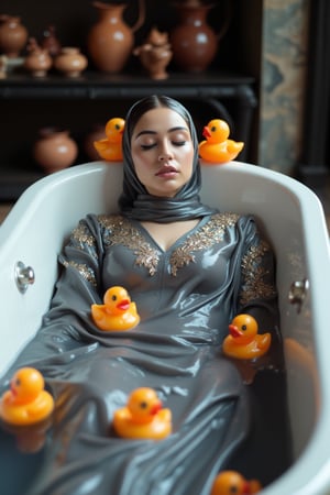 (Wet clothes,  wet hijab,  wet skin:1.2), A photo of a stunning soaking wet Korean woman with her eyes closed, lying in a luxurious bathtub filled with water and quirky orange rubber ducky toys up to her shoulders. She is floating in the bathtub. The background is adorned with elegant, dark, fantasy-inspired decorative objects, adding a touch of mysticism to the scene. The soft, diffused lighting highlights her facial features and the overall enchanting atmosphere of the photo. is wearing a wet noble long grey embroidery bridal traditional saree wit wet veil and a wet long sleeve puffed blouse. She also wears an wet embroidery shawl. Her eyes are celestial blue. The image has a soft and clean focus with natural light. The dress looks clingy, wrinkled, or limp, and glossy, with fabric adhering closely to the skin due to the weight of the water. The water changes its reflectivity. The lighting is soft. Less, ysri,Wet,covered in oil,covered in mud,wam,wet clothes, oil,wetlook, oil,Fetishwet,Wetfetish