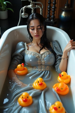 (Wet clothes,  wet hijab,  wet skin:14), A photo of a stunning soaking wet Korean woman with her eyes closed, lying in a luxurious bathtub filled with water and quirky orange rubber ducky toys up to her shoulders. She is floating in the bathtub. The background is adorned with elegant, dark, fantasy-inspired decorative objects, adding a touch of mysticism to the scene. The soft, diffused lighting highlights her facial features and the overall enchanting atmosphere of the photo. is wearing a wet noble long grey embroidery bridal traditional saree with wet veil and a wet long sleeve puffed blouse. She also wears an wet embroidery shawl. Her eyes are celestial blue. The image has a soft and clean focus with natural light. The dress looks clingy, wrinkled, or limp, and glossy, with fabric adhering closely to the skin due to the weight of the water. The water changes its reflectivity. The lighting is soft. Less, ysri,Wet,covered in oil,covered in mud,wam,wet clothes, oil,wetlook, oil,Fetishwet,Wetfetish