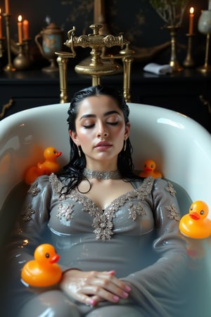 (Wet clothes,  wet hijab,  wet skin:14), A photo of a stunning soaking wet Korean woman with her eyes closed, lying in a luxurious bathtub filled with water and quirky orange rubber ducky toys up to her shoulders. She is floating in the bathtub. The background is adorned with elegant, dark, fantasy-inspired decorative objects, adding a touch of mysticism to the scene. The soft, diffused lighting highlights her facial features and the overall enchanting atmosphere of the photo. is wearing a wet noble long grey embroidery bridal traditional saree with wet veil and a wet long sleeve puffed blouse. She also wears an wet embroidery shawl. Her eyes are celestial blue. The image has a soft and clean focus with natural light. The dress looks clingy, wrinkled, or limp, and glossy, with fabric adhering closely to the skin due to the weight of the water. The water changes its reflectivity. The lighting is soft. Less, ysri,Wet,covered in oil,covered in mud,wam,wet clothes, oil,wetlook, oil,Fetishwet,Wetfetish