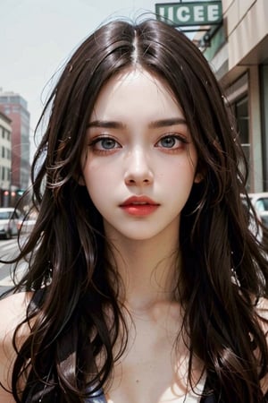 a 20 yo woman, long hair, high contrast, (direct lighting, natural skin texture,  hyperrealism,  soft light,  sharp), chromatic_background, simple background, (((looking_at_viewer,  pov_eye_contact,  looking_at_camera,  headshot,  head_portrait,  headshot_portrait,  facing front))), big lips, looking_at_viewer,  pov_eye_contact,  looking_at_camera,  headshot,  head_portrait,  headshot_portrait,  facing front, Detailedface, Detailedeyes, perfecteyes,long hair