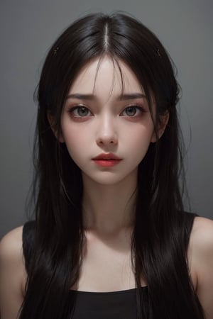 a 20 yo woman, dark hair, black hair, high contrast, (direct lighting, natural skin texture,  hyperrealism,  soft light,  sharp), chromatic_background, simple background, (((looking_at_viewer,  pov_eye_contact,  looking_at_camera,  headshot,  head_portrait,  headshot_portrait,  facing front))), big lips, looking_at_viewer,  pov_eye_contact,  looking_at_camera,  headshot,  head_portrait,  headshot_portrait,  facing front, Detailedface, Detailedeyes, 