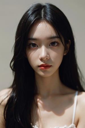 a 20 yo woman, long hair, high contrast, (direct lighting, natural skin texture,  hyperrealism,  soft light,  sharp), chromatic_background, simple background, (((looking_at_viewer,  pov_eye_contact,  looking_at_camera,  headshot,  head_portrait,  headshot_portrait,  facing front))), big lips, looking_at_viewer,  pov_eye_contact,  looking_at_camera,  headshot,  head_portrait,  headshot_portrait,  facing front, Detailedface, Detailedeyes,