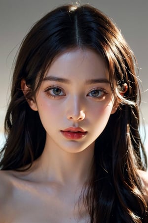 a 20 yo woman,long hair,dark theme, soothing tones, muted colors, high contrast, (natural skin texture, hyperrealism, soft light, sharp),simple background, (facing front), ((looking_at_viewer, pov_eye_contact, looking_at_camera, headshot, head_portrait, headshot_portrait)),wonyounglorashy