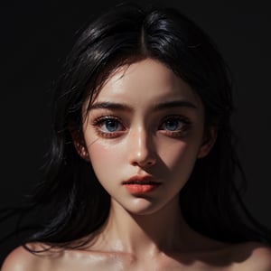 long hair,dark hair, black hair,dark theme, soothing tones,muted colors, high contrast, (natural skin texture, hyperrealism, soft light, sharp),simple background, big eyes, perfect eyes,Detailedface,big lips,perfecteyes, 