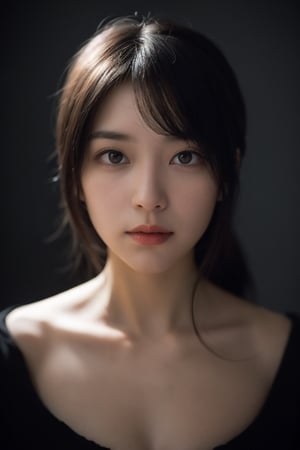 a 20 yo woman, dark hair, black hair, high contrast, (direct lighting, natural skin texture,  hyperrealism,  soft light,  sharp), chromatic_background, simple background, (((looking_at_viewer,  pov_eye_contact,  looking_at_camera,  headshot,  head_portrait,  headshot_portrait,  facing front))), big lips, looking_at_viewer,  pov_eye_contact,  looking_at_camera,  headshot,  head_portrait,  headshot_portrait,  facing front, Detailedface, Detailedeyes, 