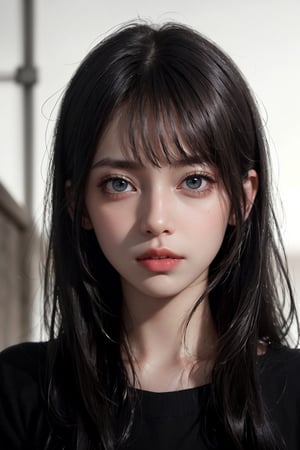 a 20 yo woman,long hair,dark theme, soothing tones, muted colors, high contrast, (natural skin texture, hyperrealism, soft light, sharp),chromatic_background,simple background,(((looking_at_viewer,  pov_eye_contact,  looking_at_camera,  headshot,  head_portrait,  headshot_portrait,  facing front))),big lips,