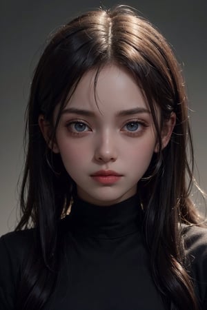 a 20 yo woman,long hair,dark theme, soothing tones, muted colors, high contrast, (natural skin texture, hyperrealism, soft light, sharp),simple background, (facing front), ((looking_at_viewer, pov_eye_contact, looking_at_camera, headshot, head_portrait, headshot_portrait))