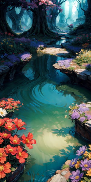 (Masterpiece, Best Quality), highres, (8k resolution wallpaper), dutch angle, FFIXBG, full background, wide shot, fantasy, landscape, beautiful, outdoors, (details:1.2), water, (no humans), spring \(season\), nature, flowers, sharp focus, shadow, (deep depth of field), volumetric lighting, sunlight, day, extremely detailed background, fantastic, ancient ruins, mysterious