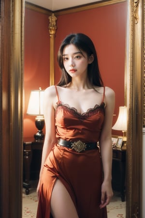 A cinematic shot of a stunning woman wearing a bold, fire-engine red dress, cinched at the waist with a delicate belt. She stands confidently in front of a large, ornate mirror, one hand resting on the frame as she adjusts her dress, the other holding a vintage-style compact mirror. Soft, golden lighting illuminates her flawless complexion and raven-black hair, while the surrounding room's dark tones provide a dramatic backdrop for this sartorial showstopper.