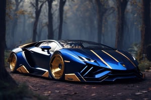 lamborghini, fancy cyborg design, futuristic, cyborg style,cyberpunk style, surrounded by trees, dense forest, dark blue color, glossy, gold color wheels