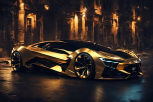cyborg style, concept sports car, futuristic, gold color, night, dark background